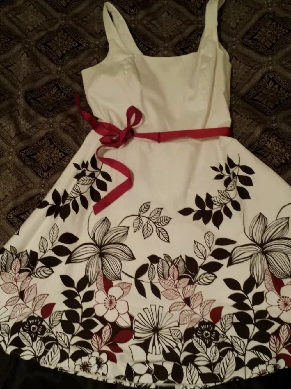 Women's White Floral Fit-and-Flare Dress with Red Accents